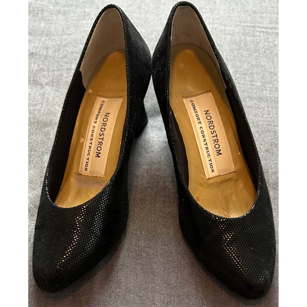 Nordstrom Comfort Construction Black Textured Pointed Toe Low Block Heel Pumps